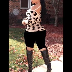Leopard Print Off Shoulders Crisscross Front & Back W/Belt Rib Trim Sweater